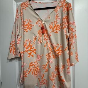 Belle by Kim Gravel Coral and Beige Tunic Top